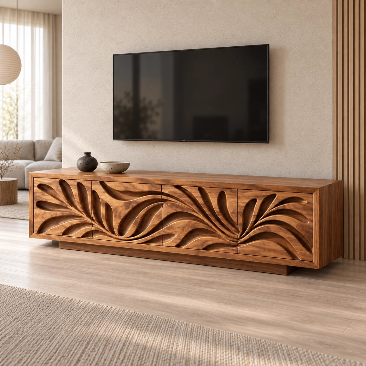 Leaf-Carved TV Stand with Four Storage Doors in Natural Solid Wood - Rustiracraft - 3