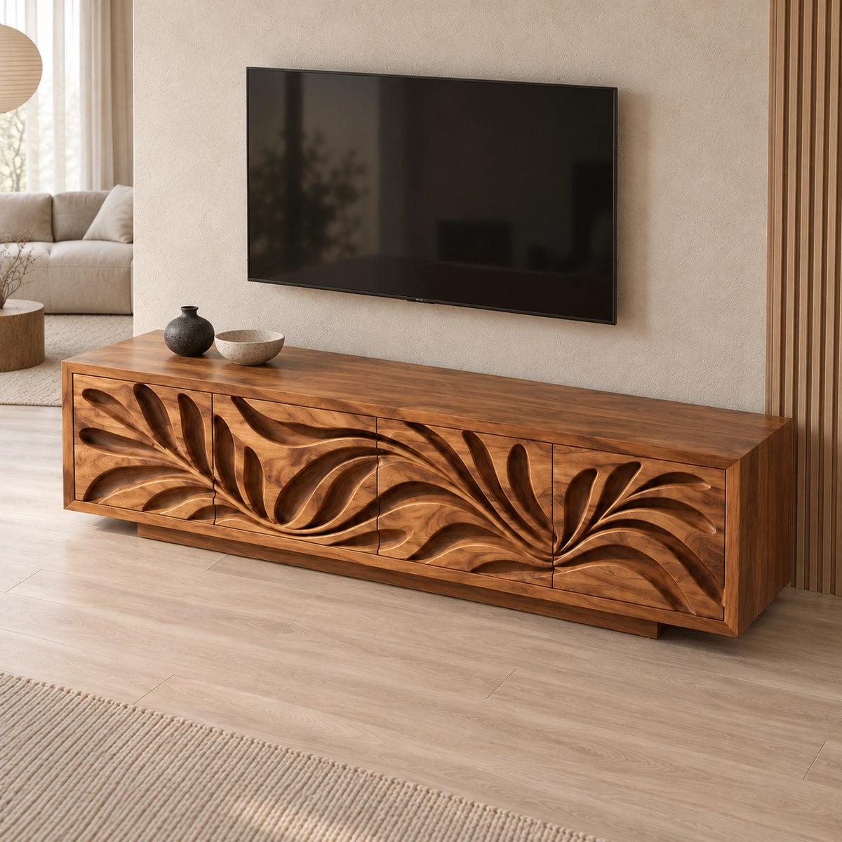 Leaf-Carved TV Stand with Four Storage Doors in Natural Solid Wood - Rustiracraft - 4