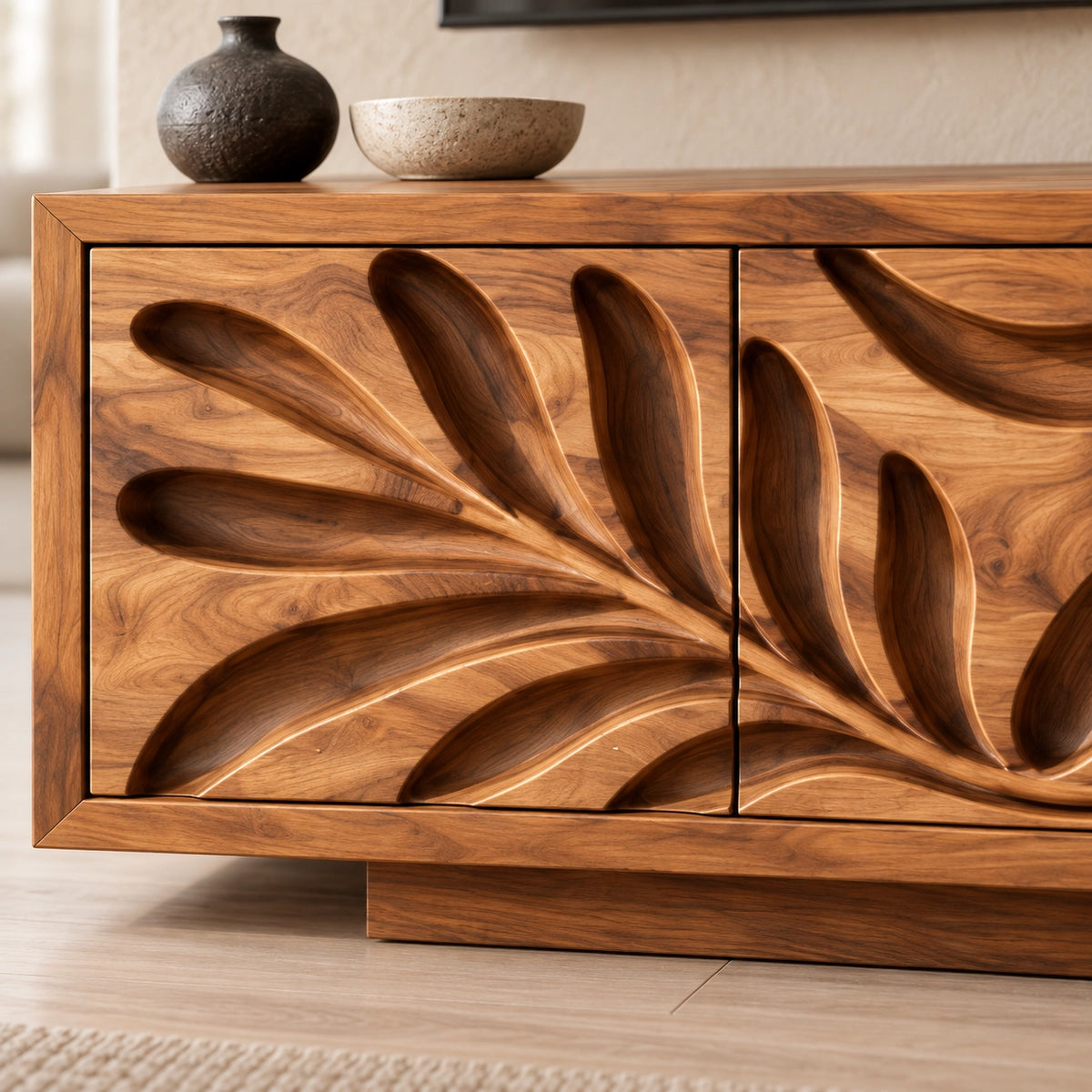 Leaf-Carved TV Stand with Four Storage Doors in Natural Solid Wood - Rustiracraft - 5
