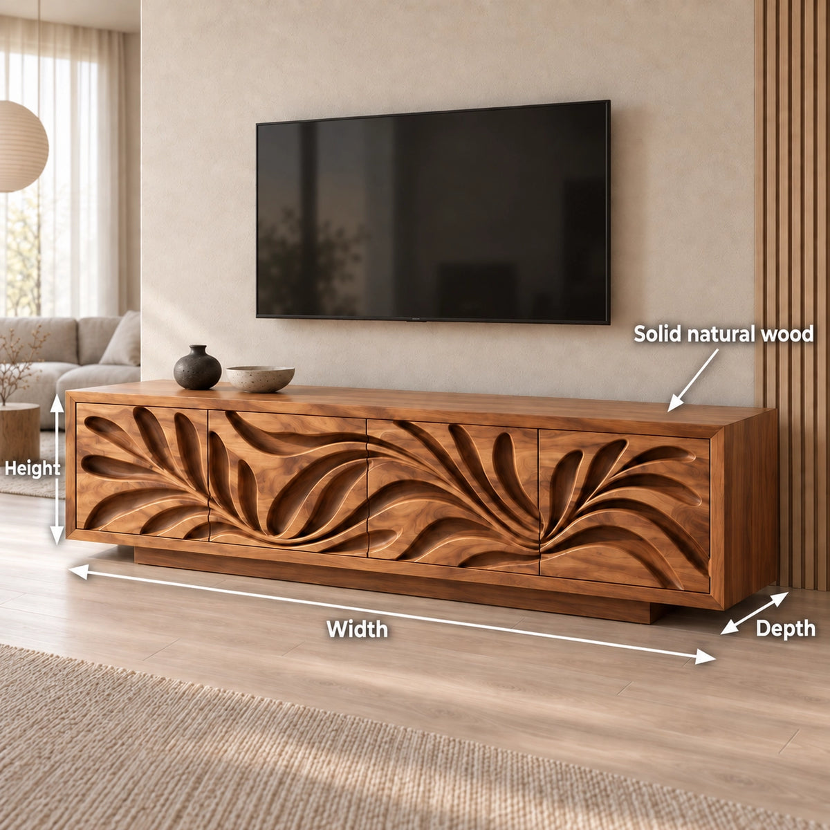 Leaf-Carved TV Stand with Four Storage Doors in Natural Solid Wood - Rustiracraft - 6