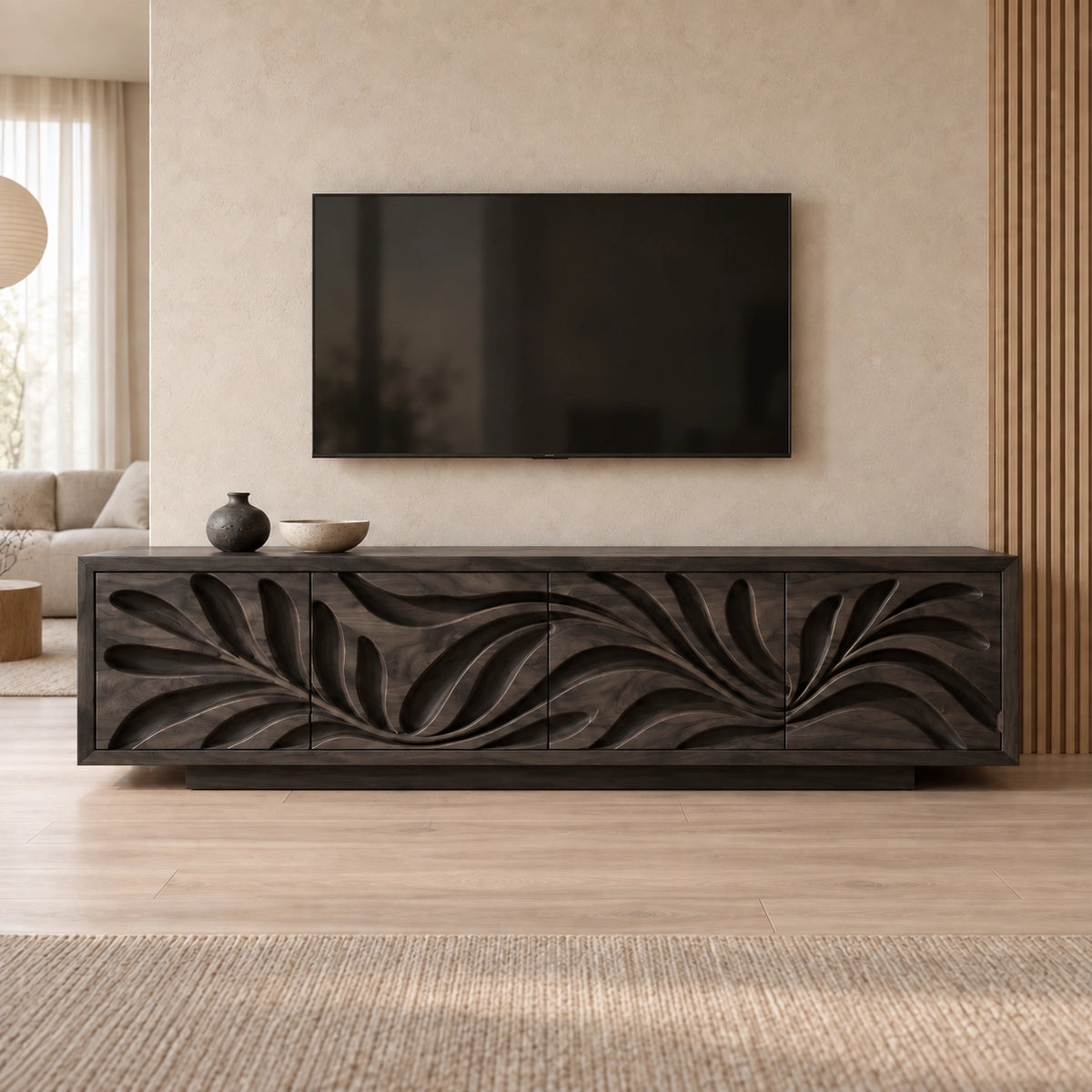 Leaf-Carved TV Stand with Four Storage Doors in Natural Solid Wood - Rustiracraft - 7