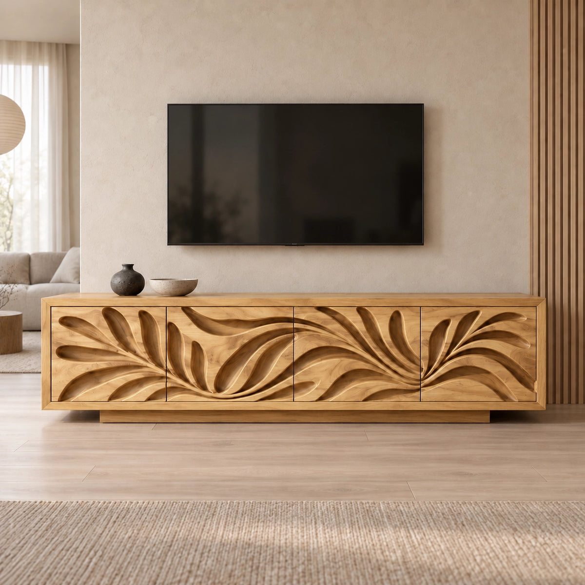 Leaf-Carved TV Stand with Four Storage Doors in Natural Solid Wood - Rustiracraft - 8