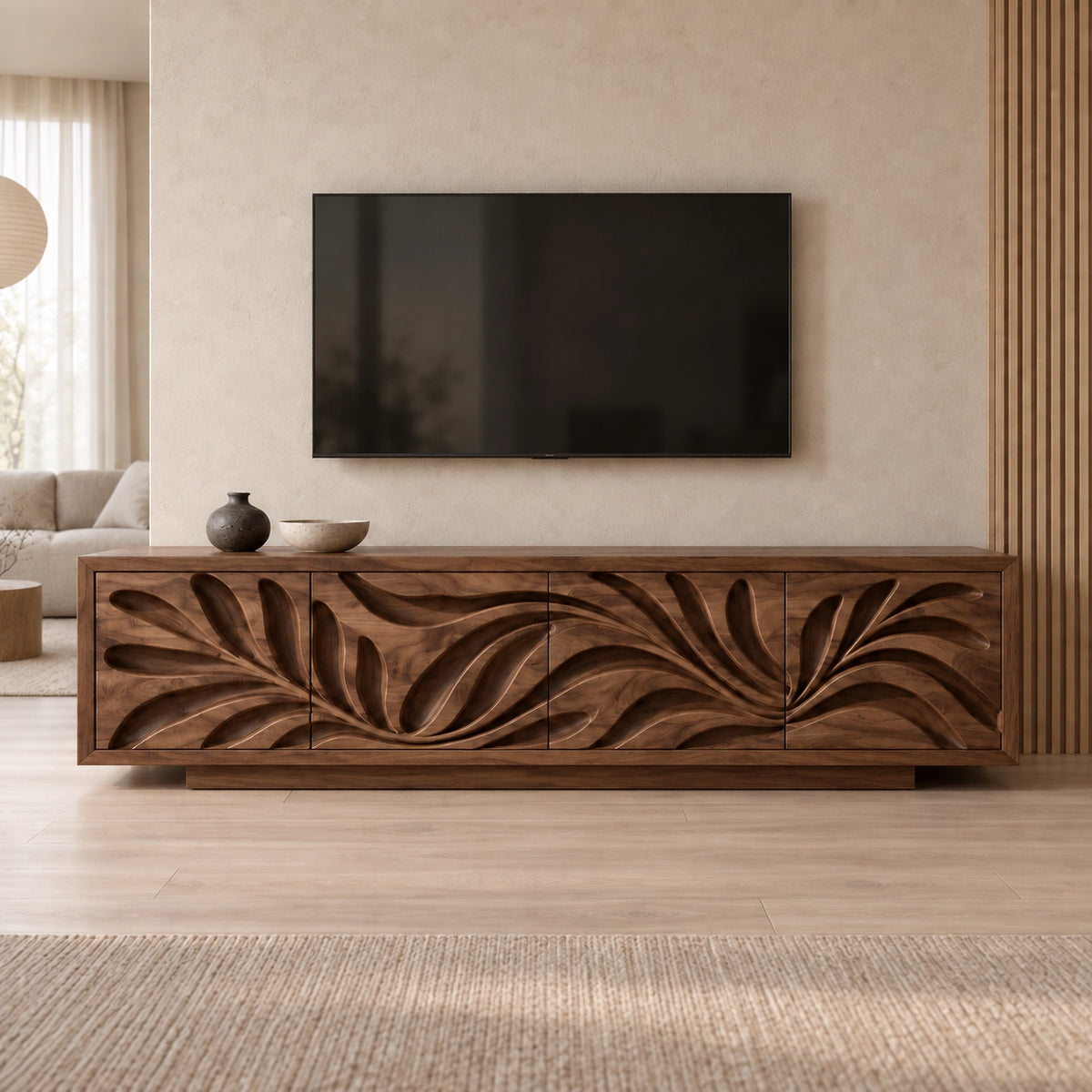 Leaf-Carved TV Stand with Four Storage Doors in Natural Solid Wood - Rustiracraft - 9