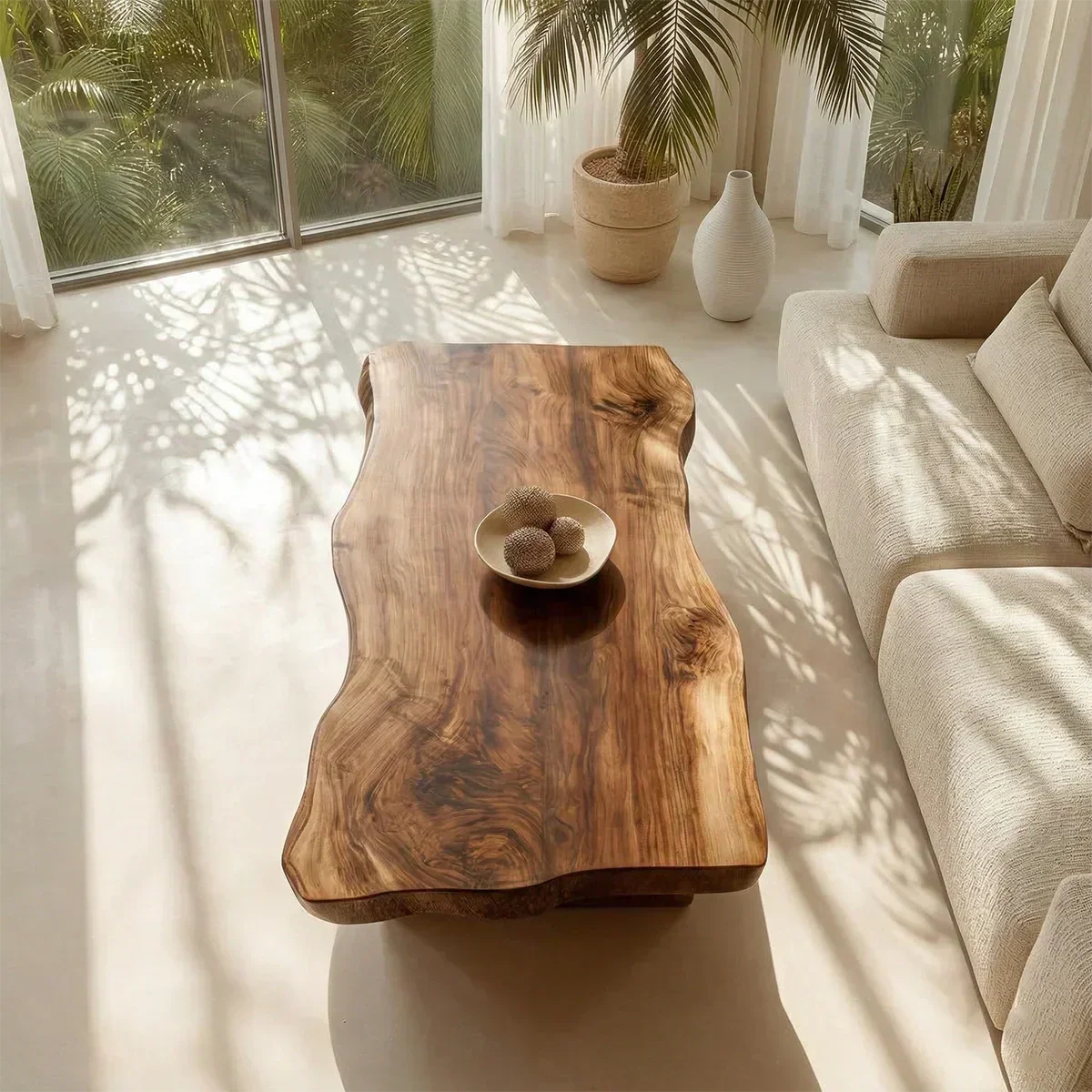 Live Edge Slab Coffee Table with Double Block Base in Natural Solid Wood - RustiraCraft - 2