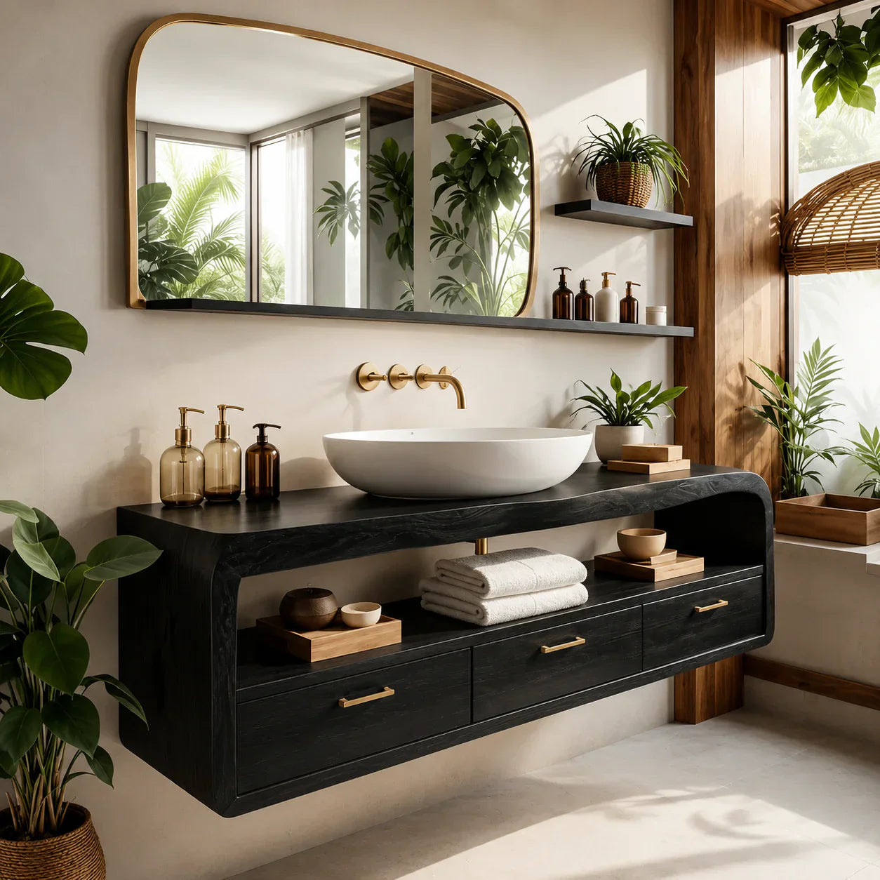 Live-Edge Walnut Finish Floating Bathroom Vanity - Solid Wood Bathroom Cabinet - RustiraCraft