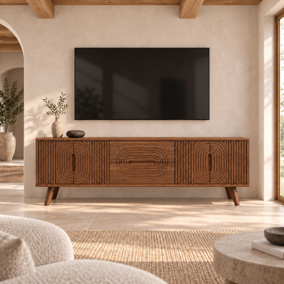Minimalist TV Stand with Concentric Carved Storage in Natural Solid Wood - Rustiracraft - 3