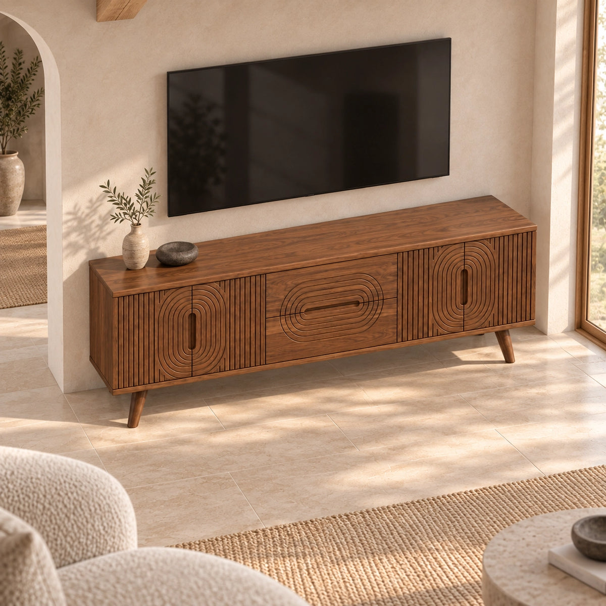 Minimalist TV Stand with Concentric Carved Storage in Natural Solid Wood - Rustiracraft - 4