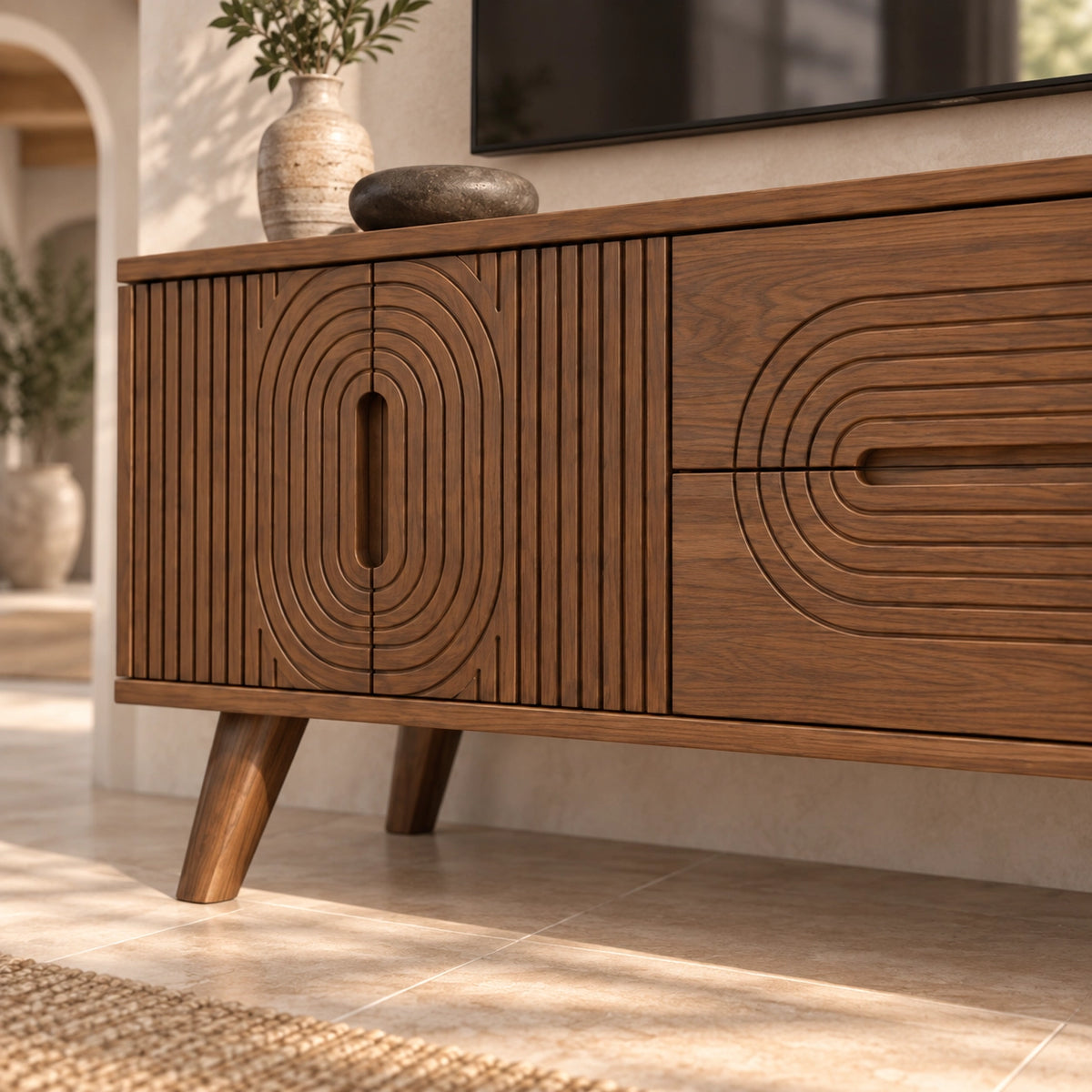 Minimalist TV Stand with Concentric Carved Storage in Natural Solid Wood - Rustiracraft - 5