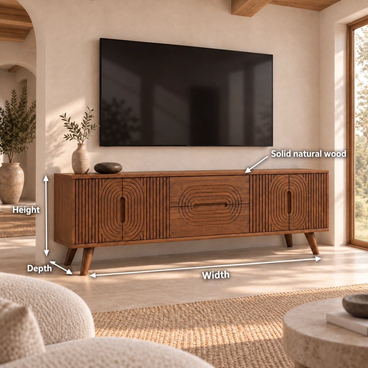 Minimalist TV Stand with Concentric Carved Storage in Natural Solid Wood - Rustiracraft - 6