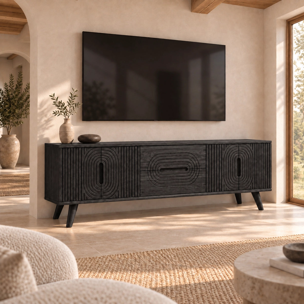 Minimalist TV Stand with Concentric Carved Storage in Natural Solid Wood - Rustiracraft - 7
