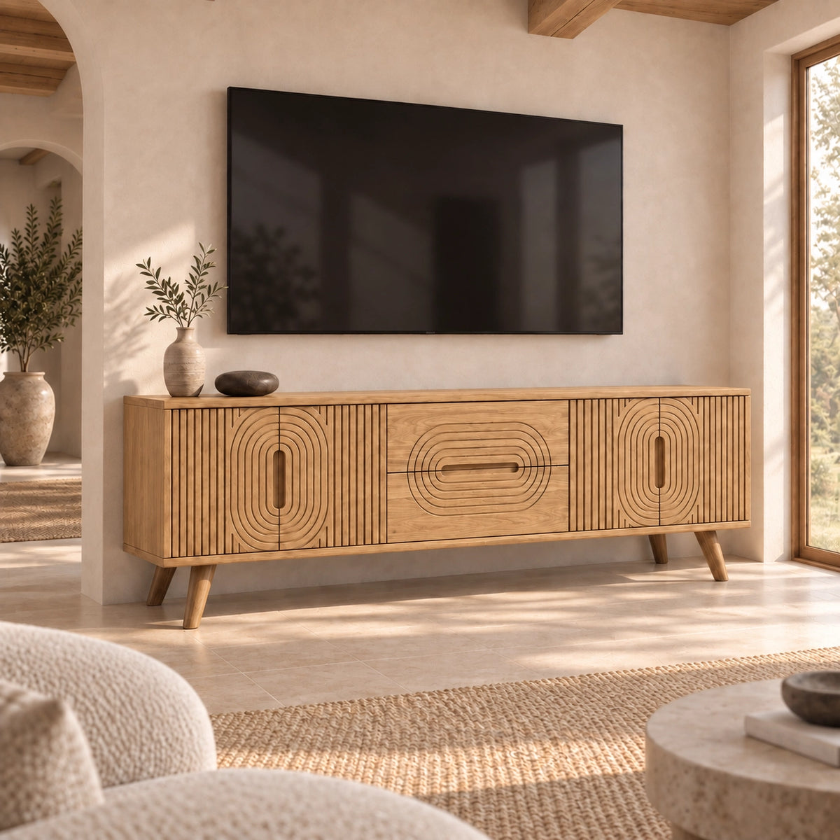 Minimalist TV Stand with Concentric Carved Storage in Natural Solid Wood - Rustiracraft - 8