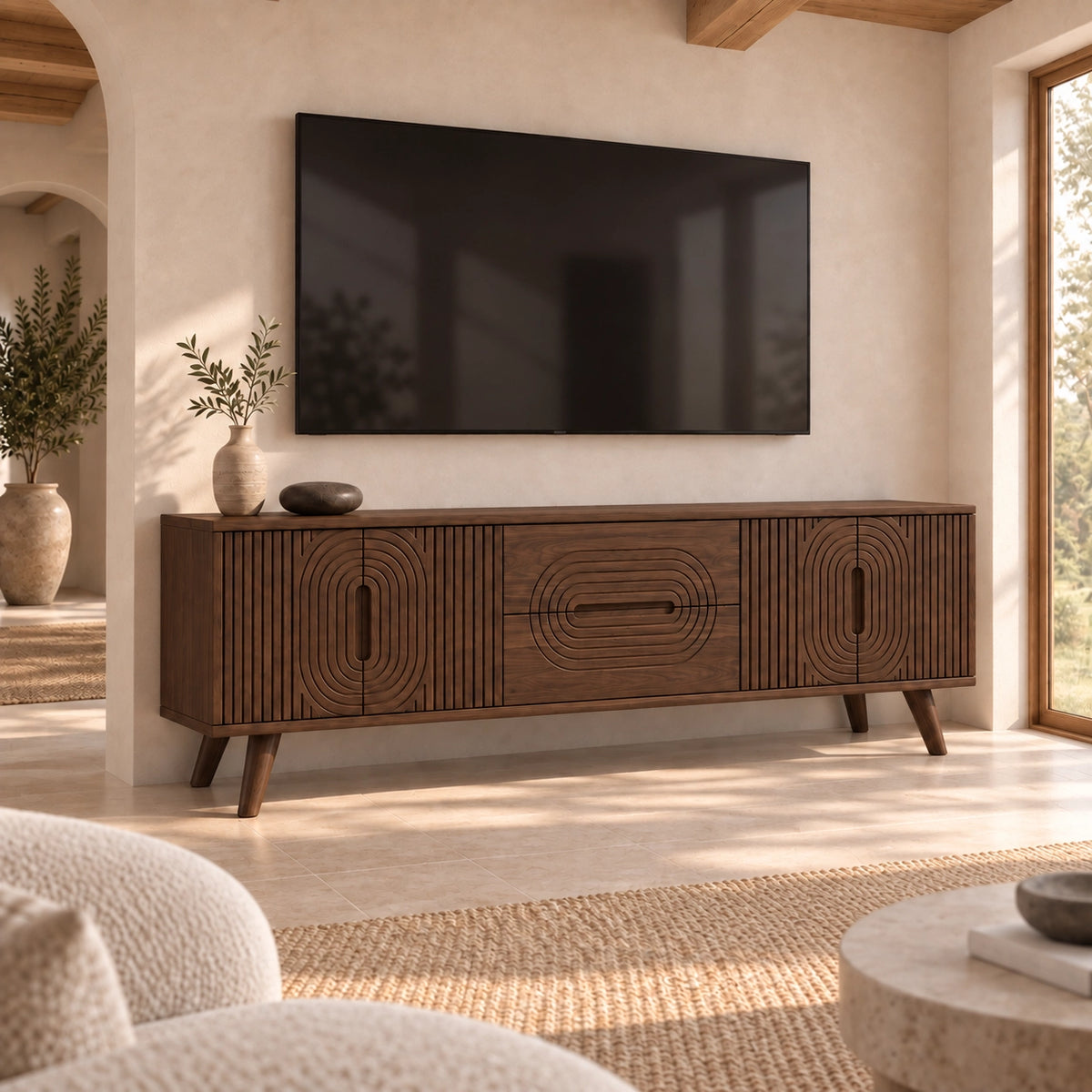 Minimalist TV Stand with Concentric Carved Storage in Natural Solid Wood - Rustiracraft - 9