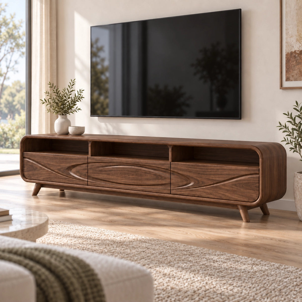 Minimalist TV Stand with Concentric Wave-Carved Drawers in Natural Solid Wood - Rustiracraft - 10