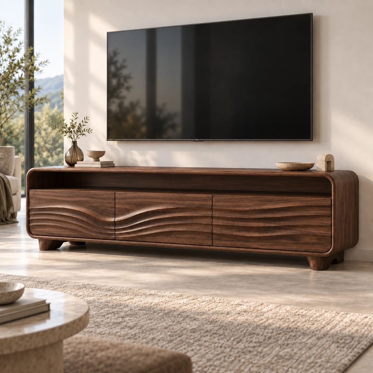 Minimalist TV Stand with Curved Storage Drawers in Natural Solid Wood - Rustiracraft - 8