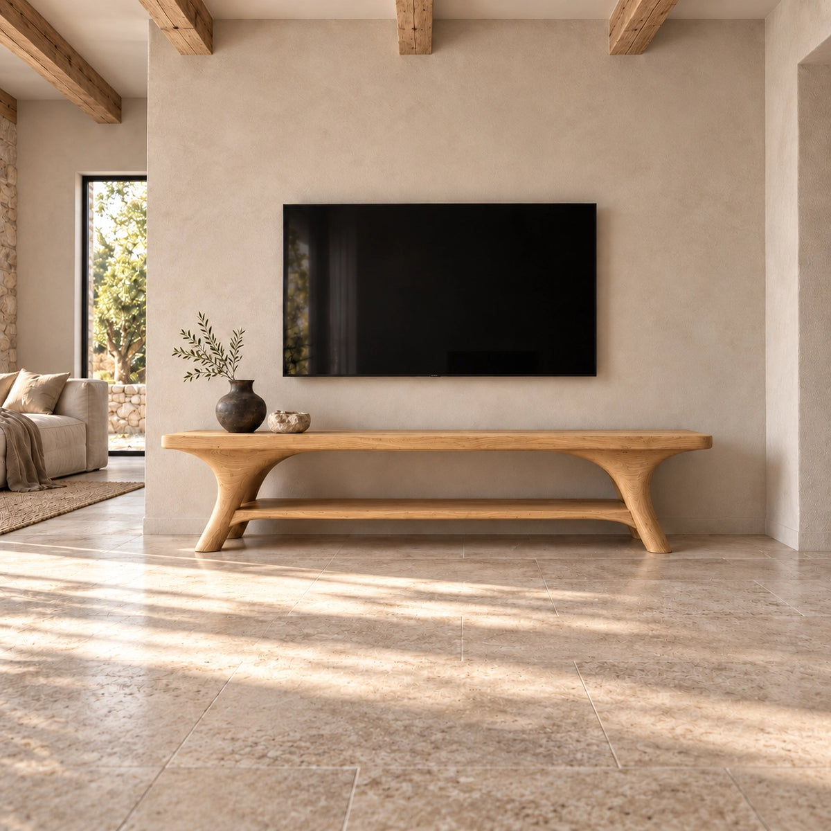 Minimalist TV Stand with Sculpted Legs in Natural Solid Wood for Living - Rustiracraft - 3