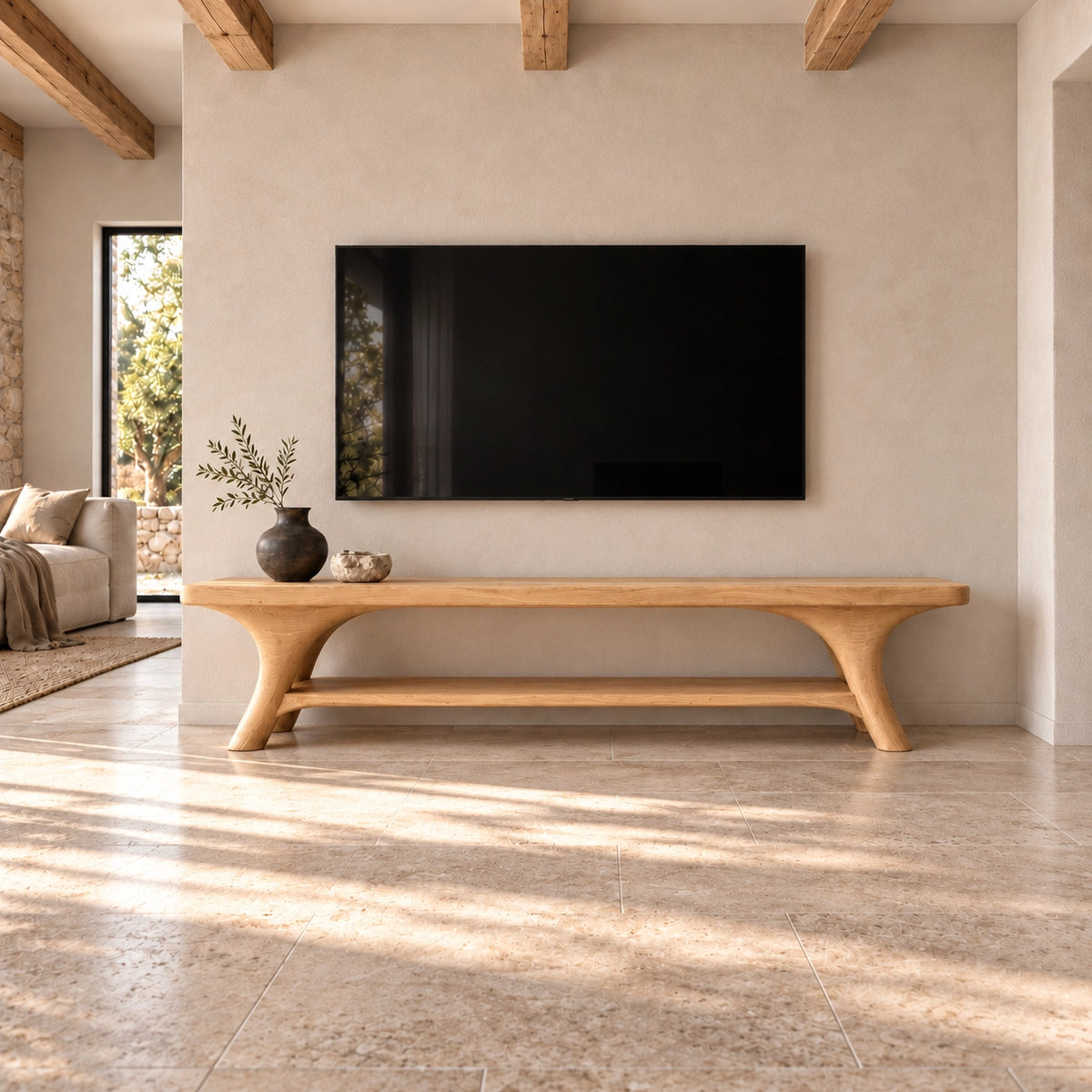 Minimalist TV Stand with Sculpted Legs in Natural Solid Wood for Living - Rustiracraft - 4