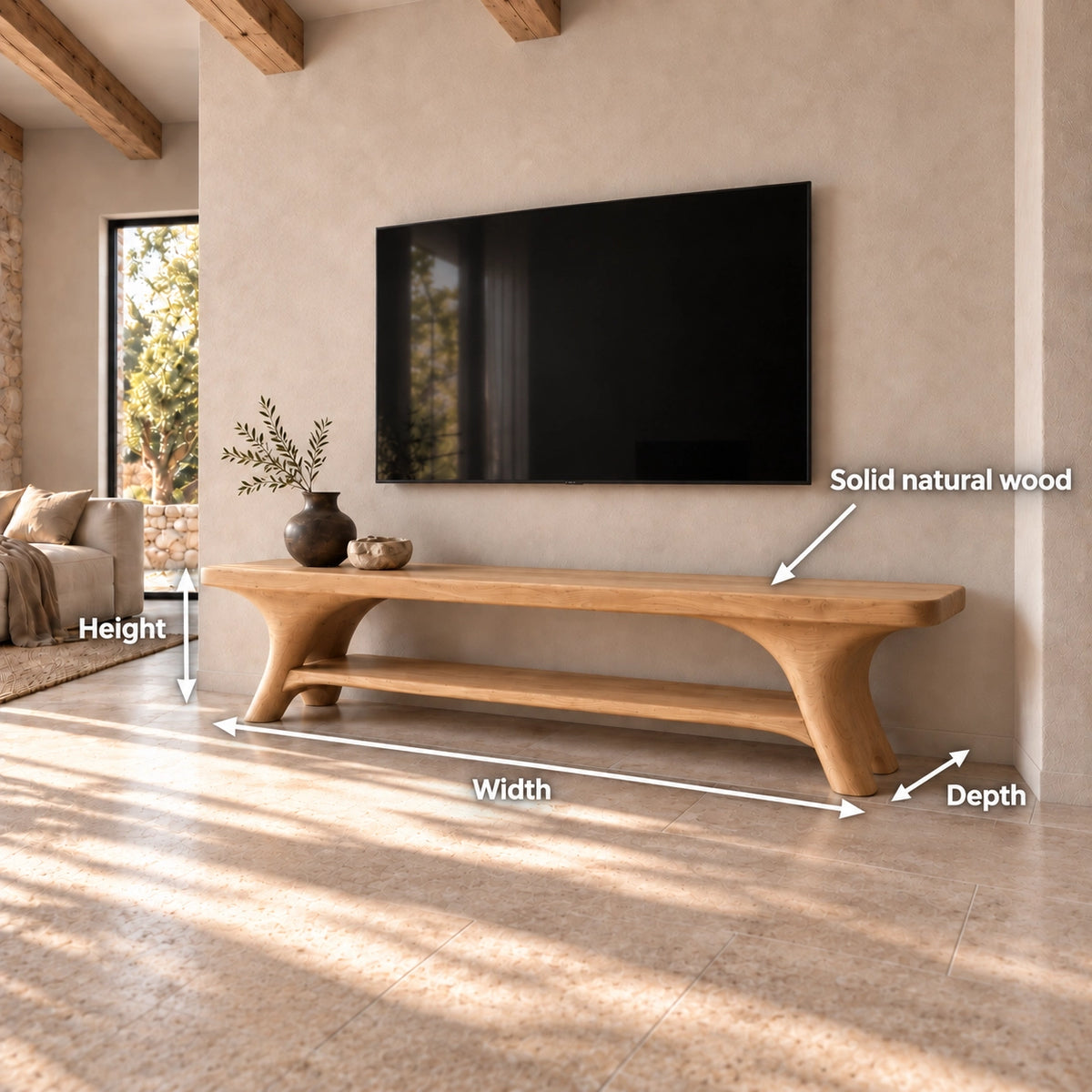 Minimalist TV Stand with Sculpted Legs in Natural Solid Wood for Living - Rustiracraft - 6