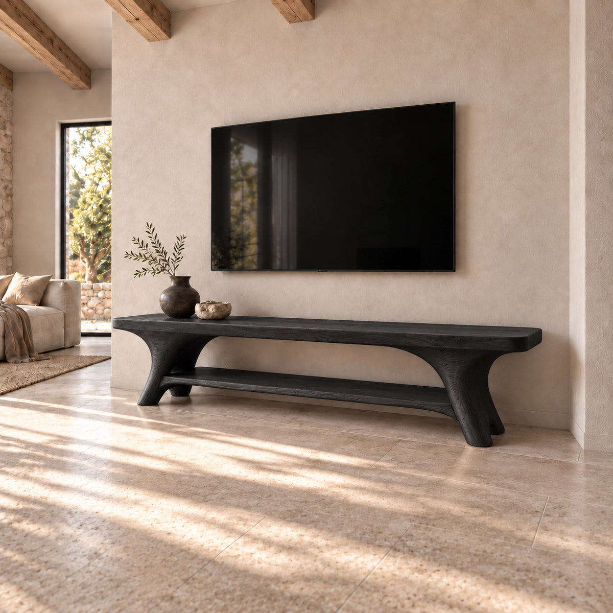 Minimalist TV Stand with Sculpted Legs in Natural Solid Wood for Living - Rustiracraft - 7