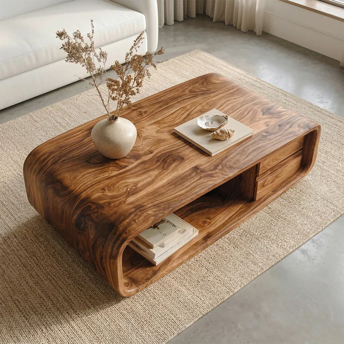 Modern Natural Solid Wood Coffee Table with Drawer and Open Shelf - RustiraCraft - 2