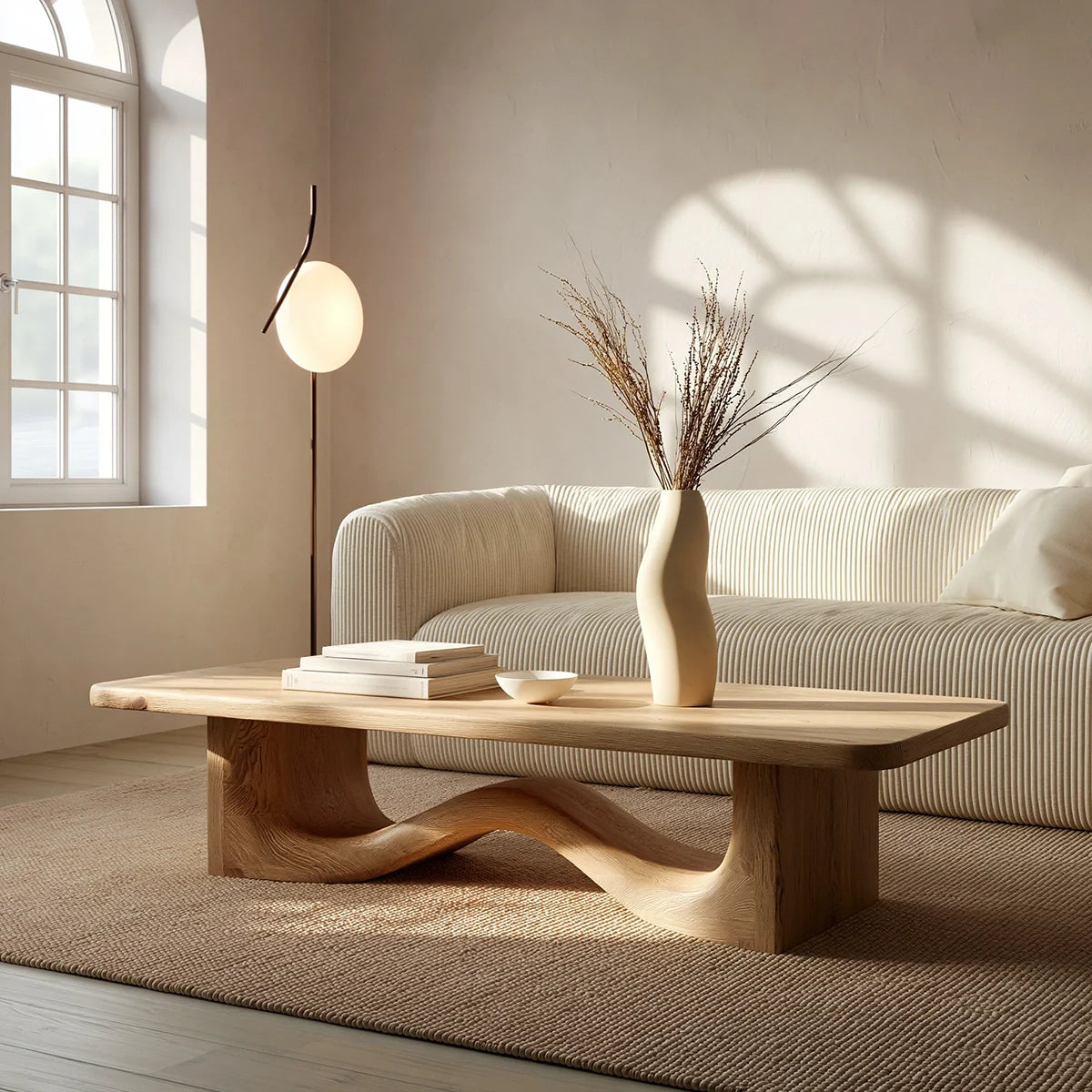 Modern Solid Oak Wood Coffee Table | Sculptural Wave Base Minimalist Living Room Table - RustiraCraft