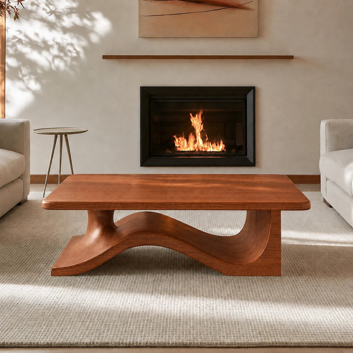 Modern Solid Walnut Coffee Table | Sculptural Wave Base Minimalist Living Room Table - RustiraCraft - 2