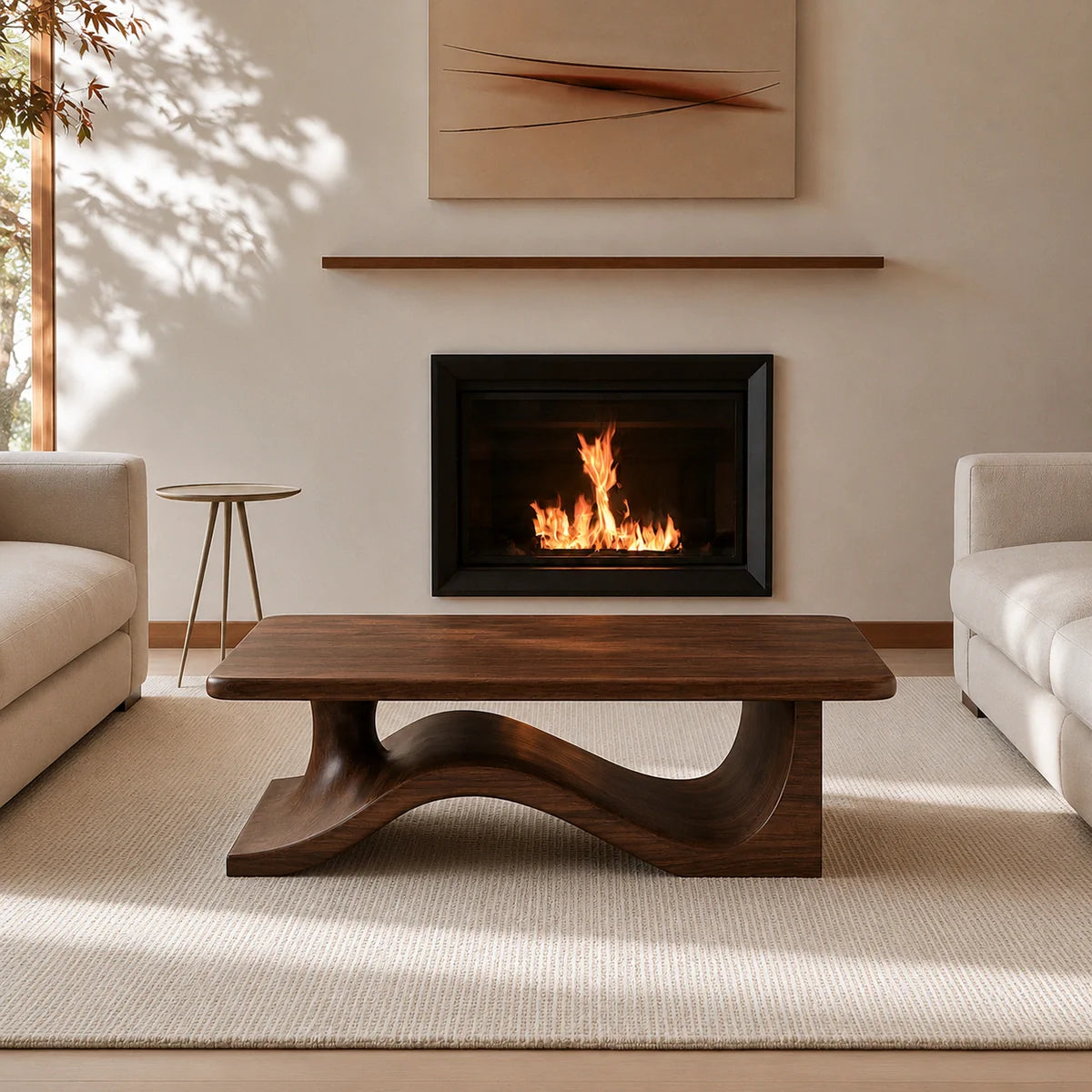 Modern Solid Walnut Coffee Table | Sculptural Wave Base Minimalist Living Room Table - RustiraCraft