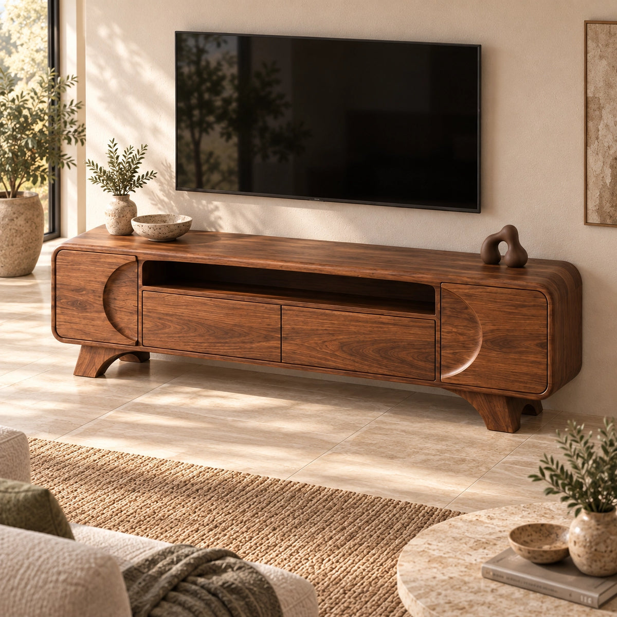 Modern TV Stand with Rounded Storage Drawers in Natural Solid Wood - Rustiracraft - 4