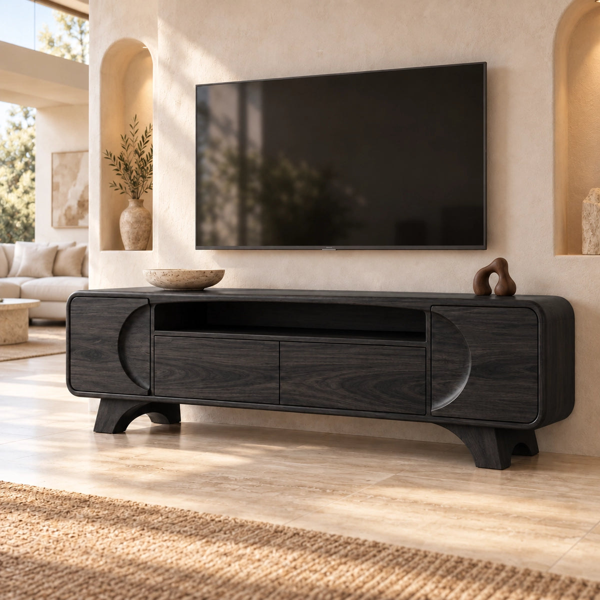 Modern TV Stand with Rounded Storage Drawers in Natural Solid Wood - Rustiracraft - 7