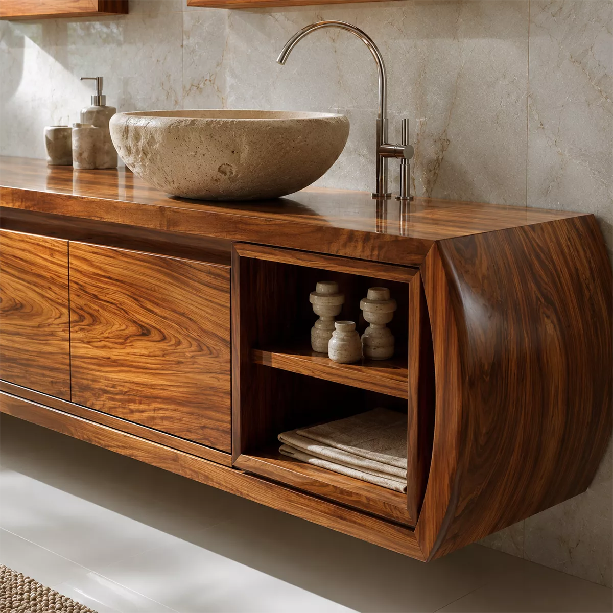 Natural Solid Wood Bathroom Vanity with Curved Storage Traditional - Rustiracraft - 1