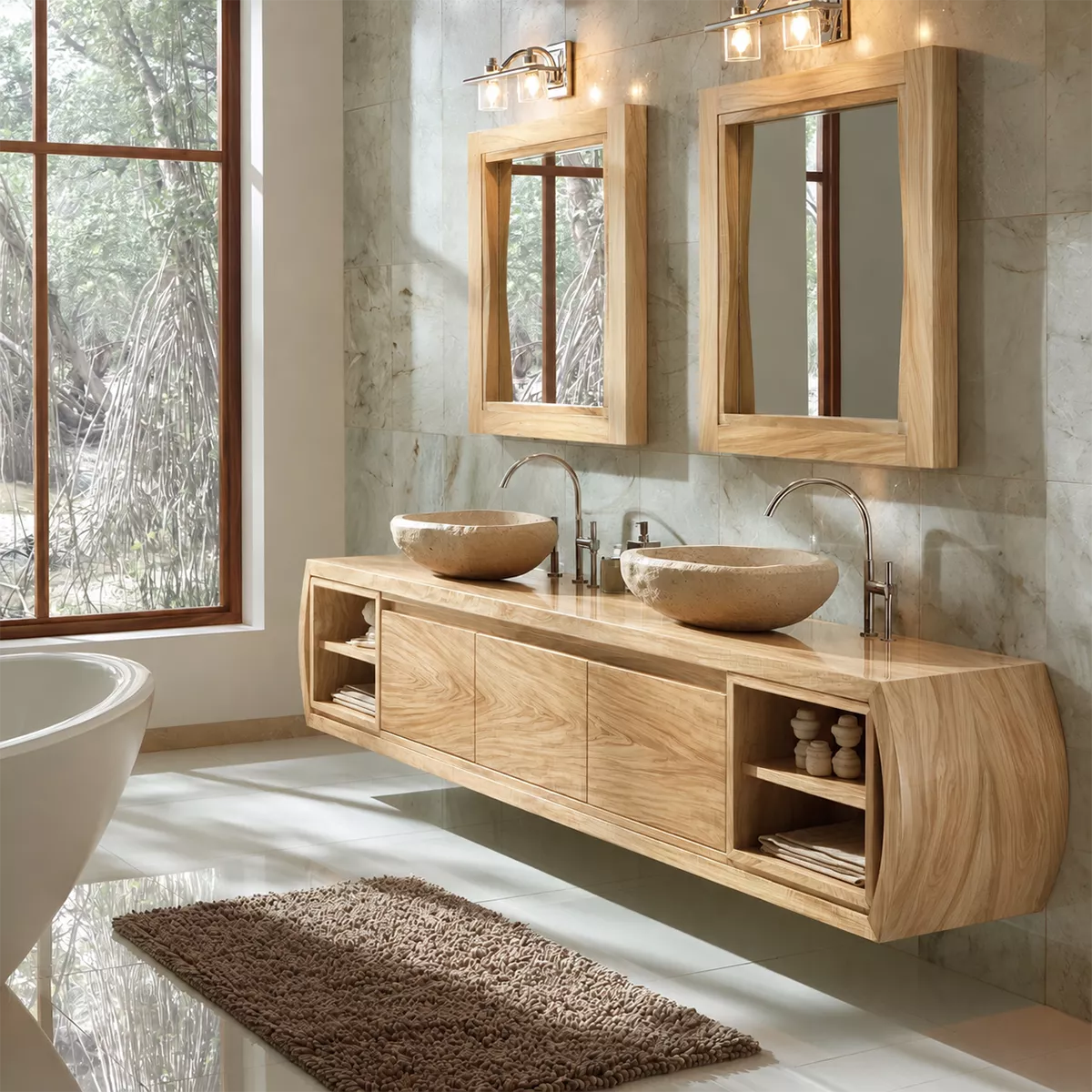 Natural Solid Wood Bathroom Vanity with Curved Storage Traditional - Rustiracraft - 9