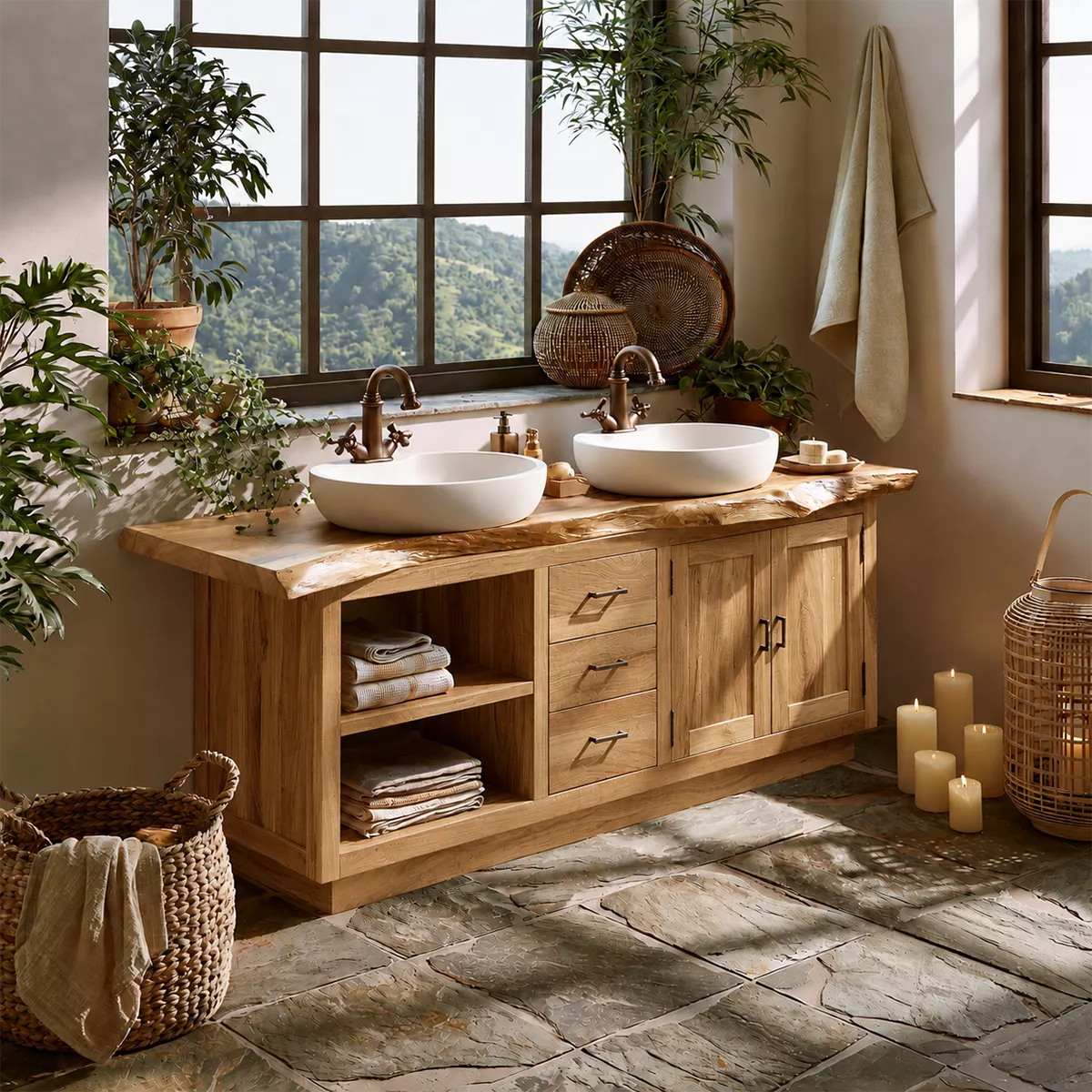 Natural Solid Wood Bathroom Vanity with Drawers Open Shelves Rustic - Rustiracraft - 10
