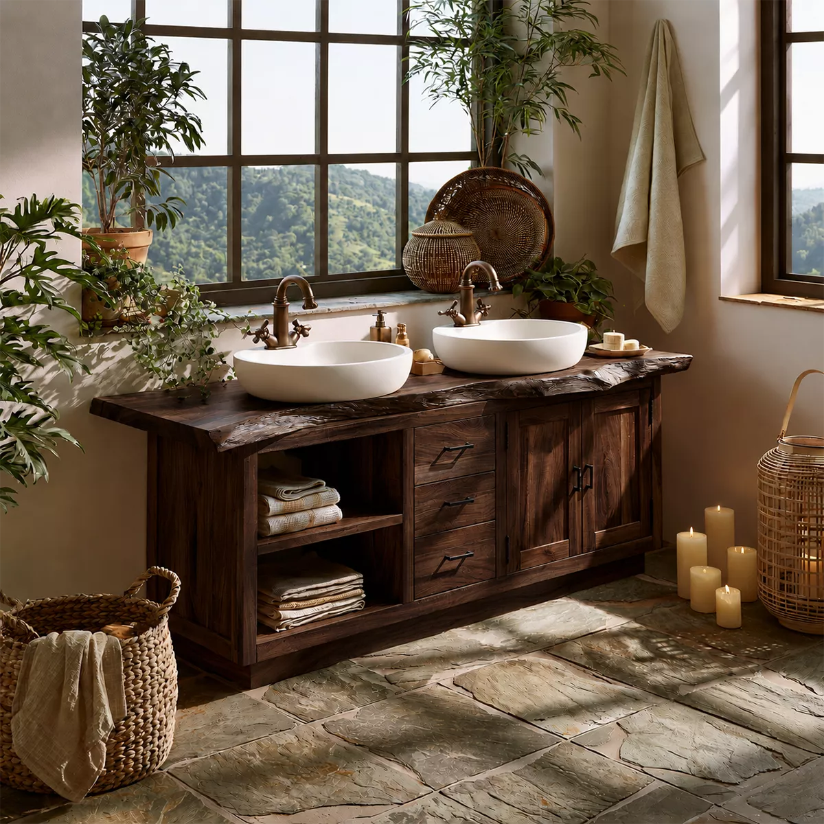 Natural Solid Wood Bathroom Vanity with Drawers Open Shelves Rustic - Rustiracraft - 11