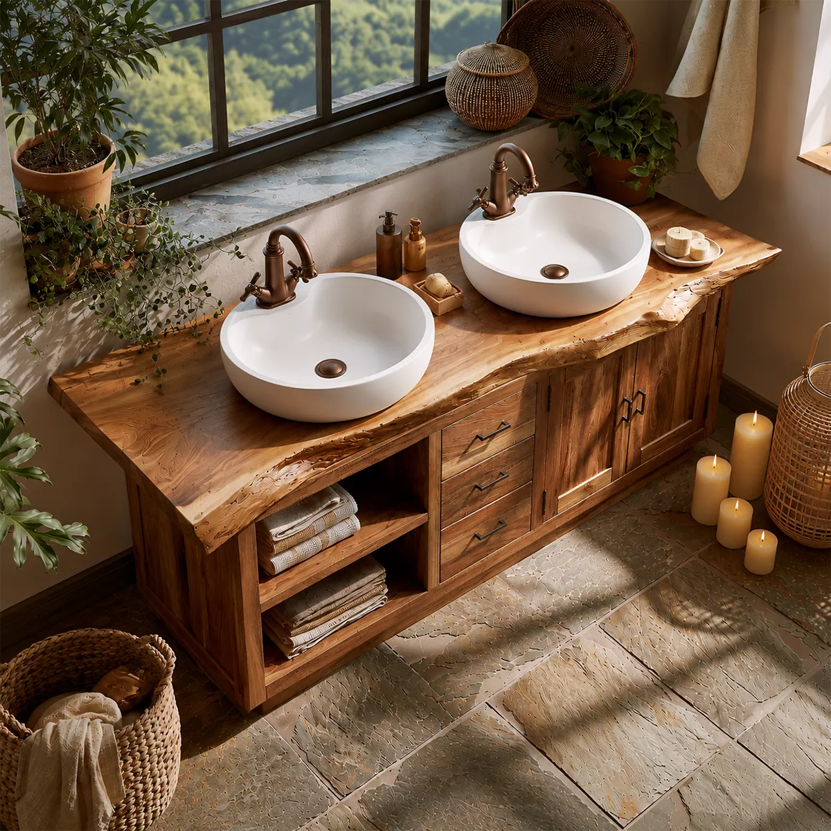 Natural Solid Wood Bathroom Vanity with Drawers Open Shelves Rustic - Rustiracraft - 2