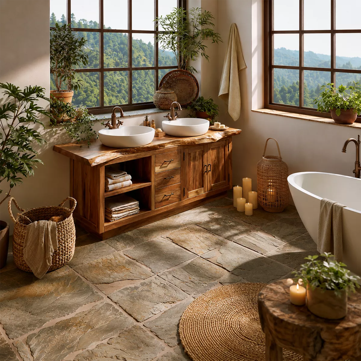 Natural Solid Wood Bathroom Vanity with Drawers Open Shelves Rustic - Rustiracraft - 3