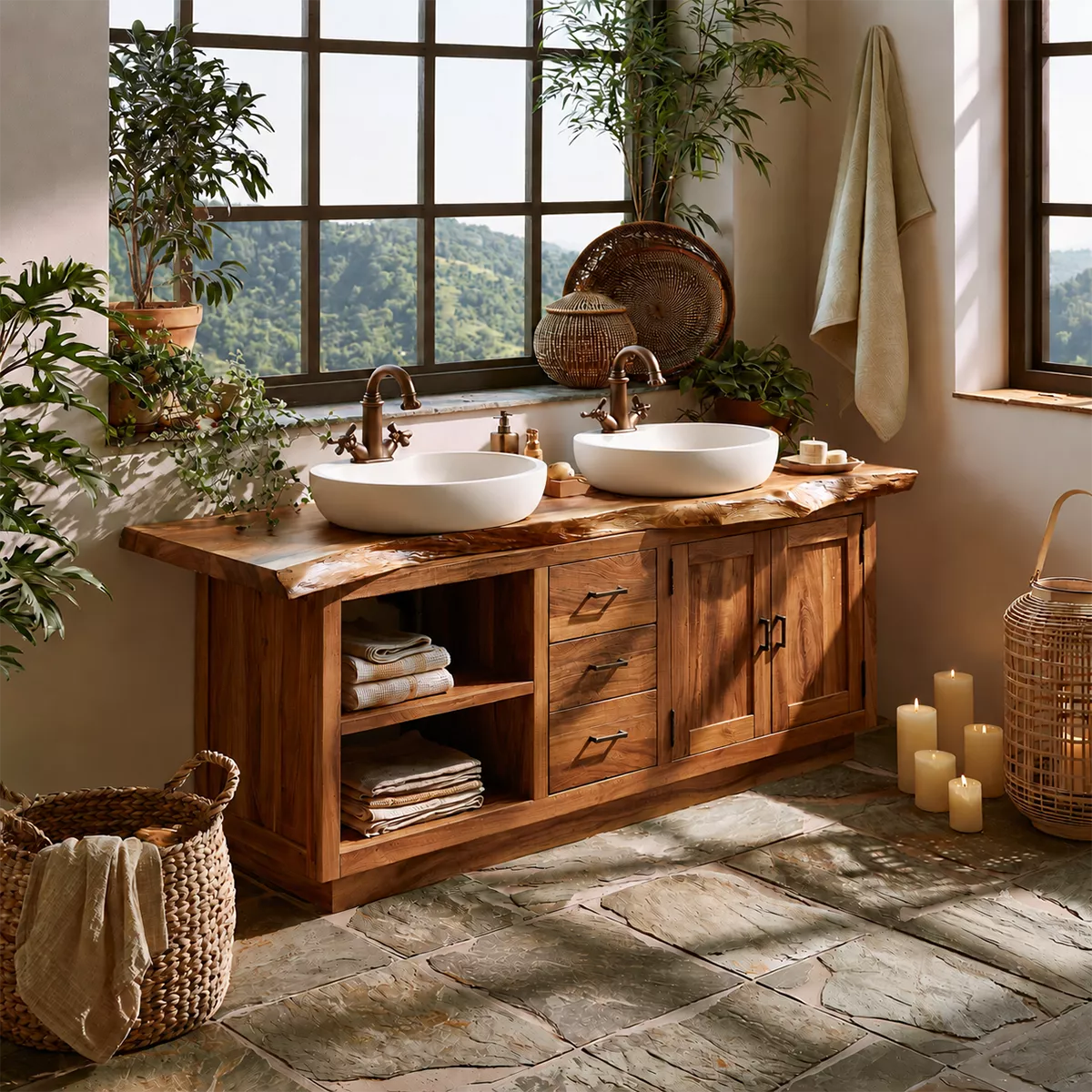 Natural Solid Wood Bathroom Vanity with Drawers Open Shelves Rustic - Rustiracraft - 5