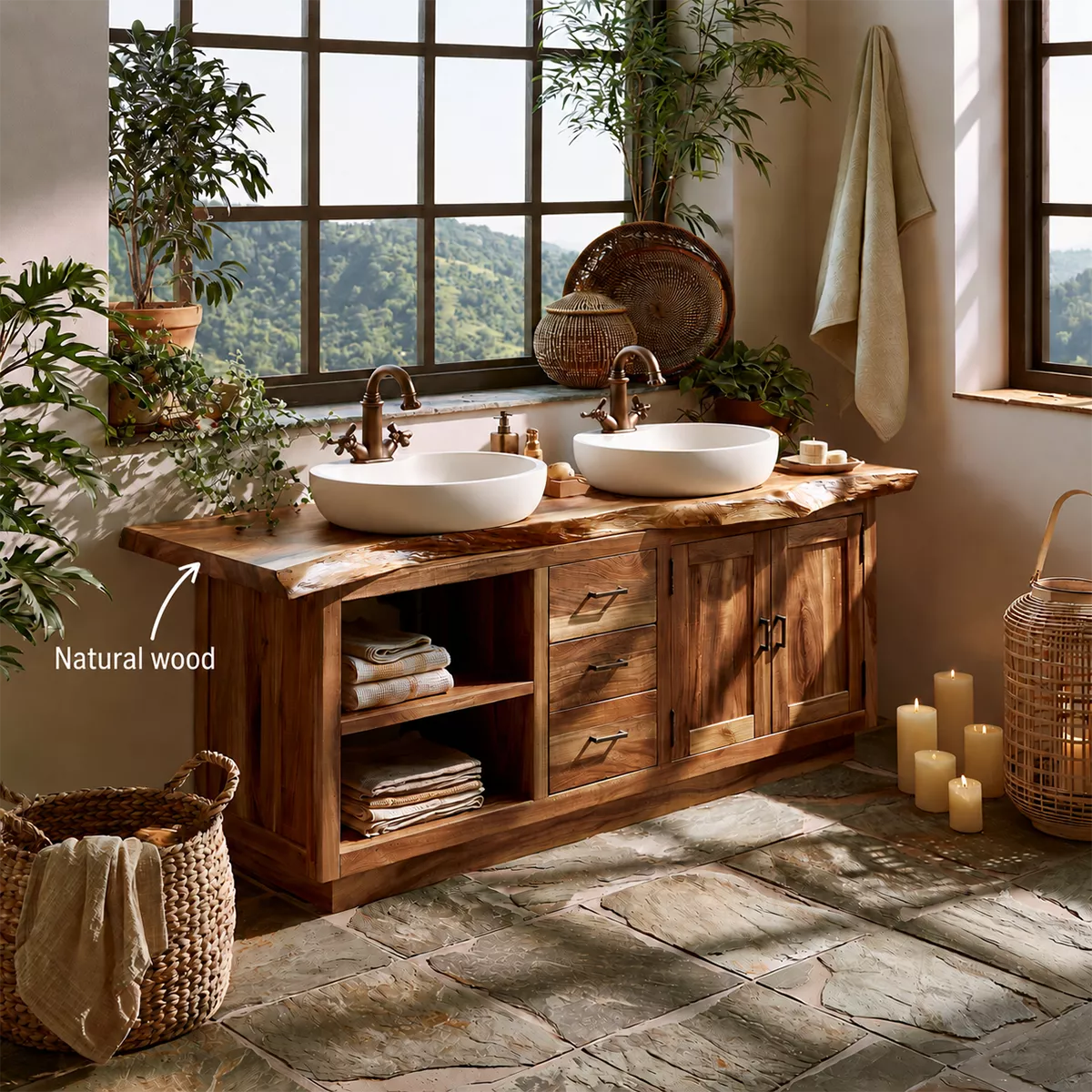 Natural Solid Wood Bathroom Vanity with Drawers Open Shelves Rustic - Rustiracraft - 7
