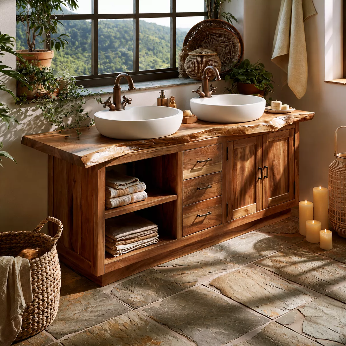 Natural Solid Wood Bathroom Vanity with Drawers Open Shelves Rustic - Rustiracraft - 8