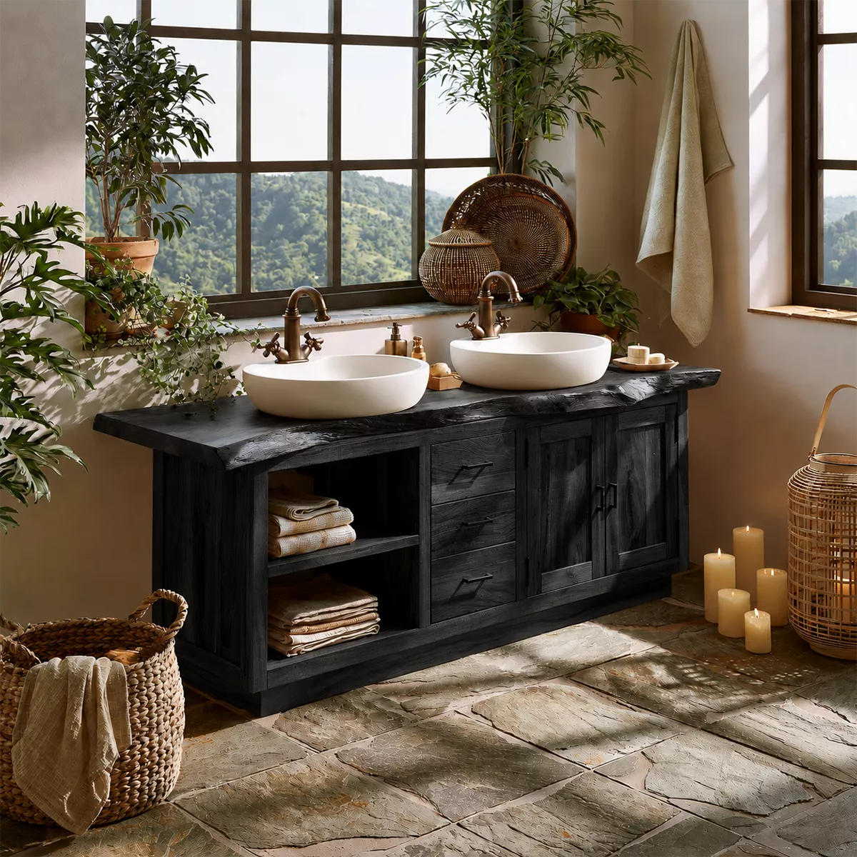 Natural Solid Wood Bathroom Vanity with Drawers Open Shelves Rustic - Rustiracraft - 9