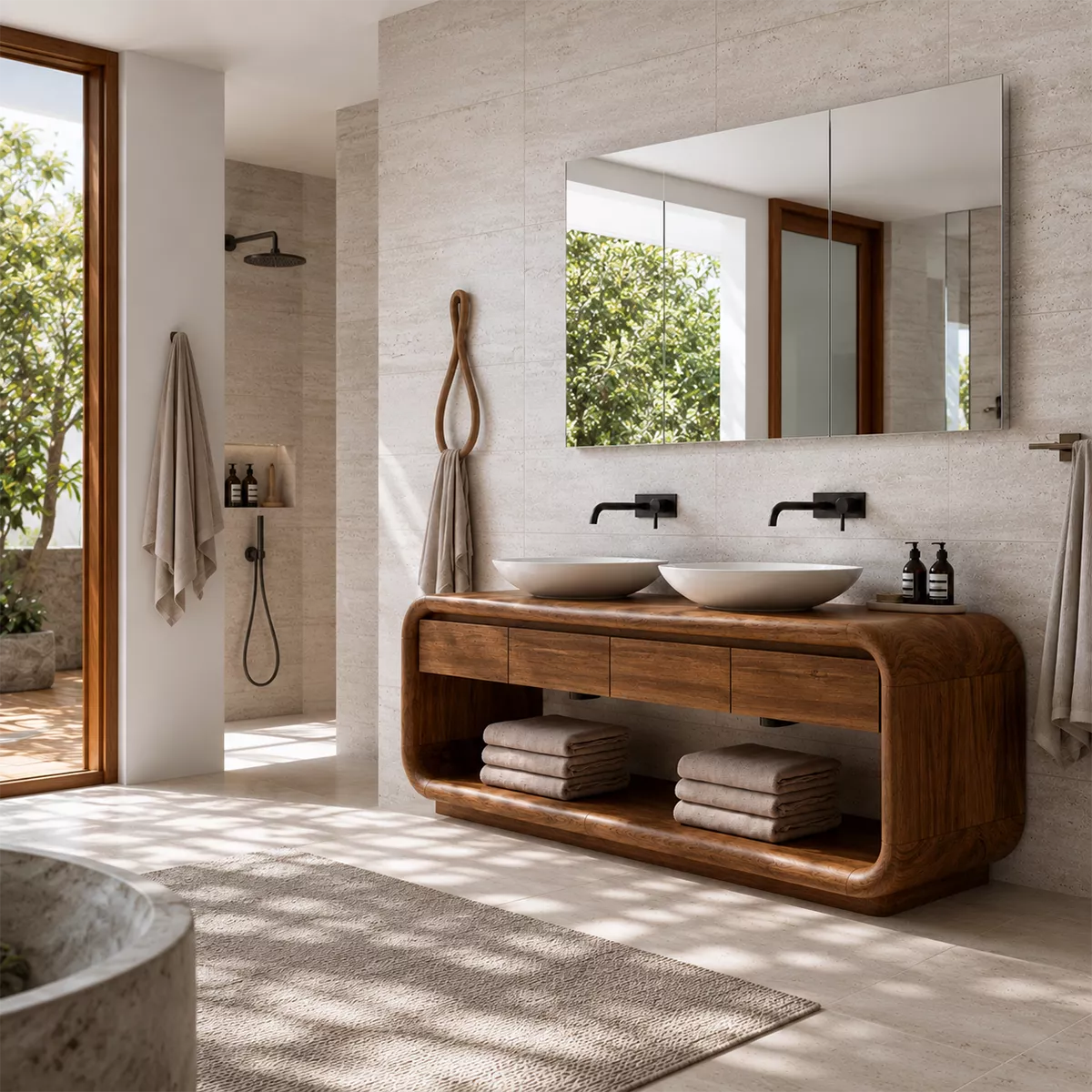 Natural Solid Wood Bathroom Vanity with Four Drawers Open Storage Traditional - Rustiracraft - 2