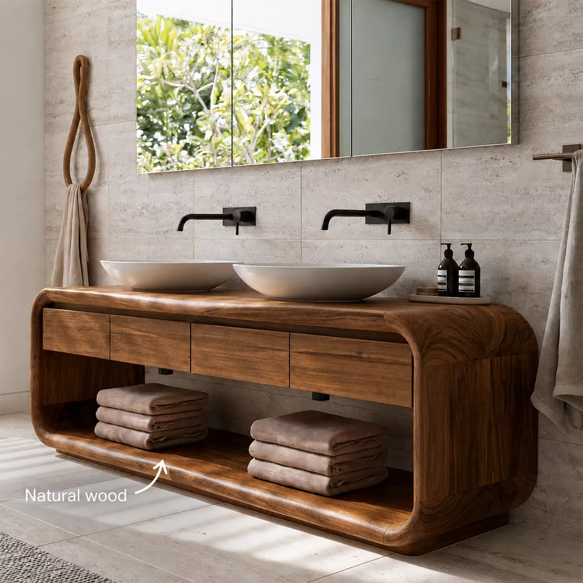 Natural Solid Wood Bathroom Vanity with Four Drawers Open Storage Traditional - Rustiracraft - 5