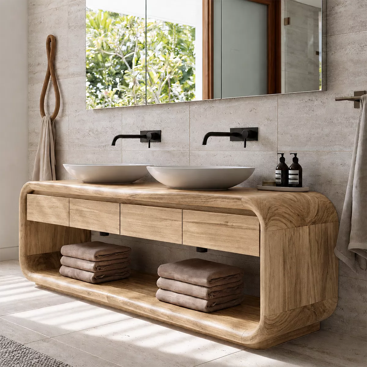 Natural Solid Wood Bathroom Vanity with Four Drawers Open Storage Traditional - Rustiracraft - 9
