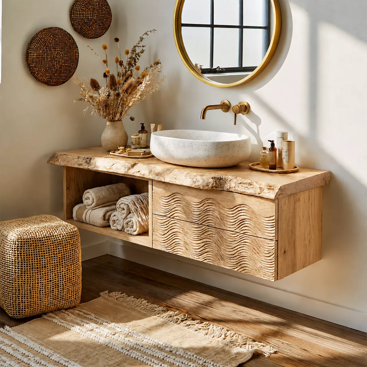 Natural Solid Wood Bathroom Vanity with Sculptural Wave Drawers Traditional - Rustiracraft - 10