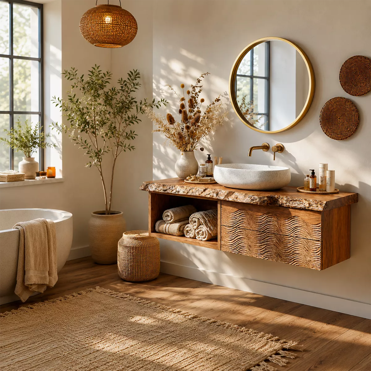 Natural Solid Wood Bathroom Vanity with Sculptural Wave Drawers Traditional - Rustiracraft - 3