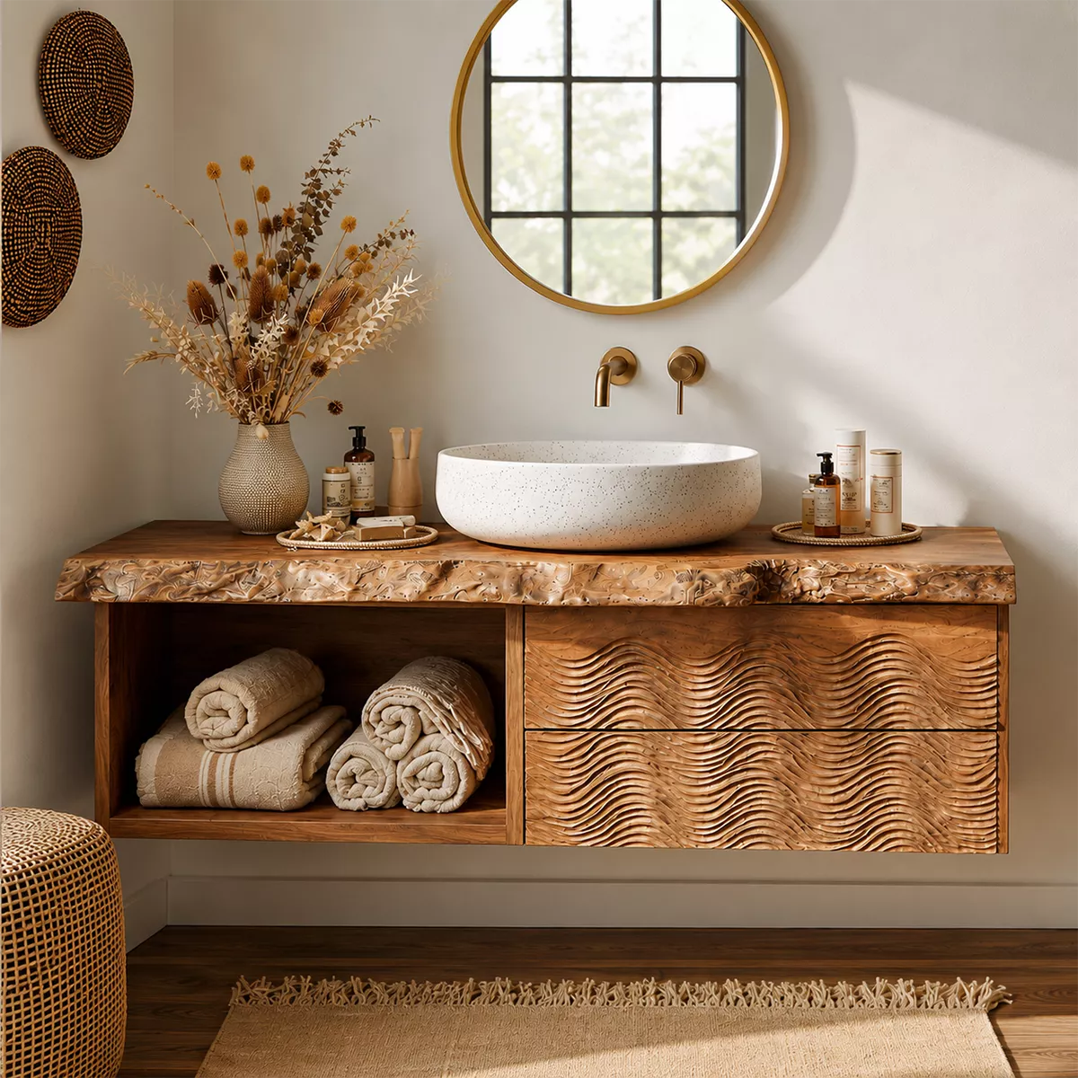 Natural Solid Wood Bathroom Vanity with Sculptural Wave Drawers Traditional - Rustiracraft - 4