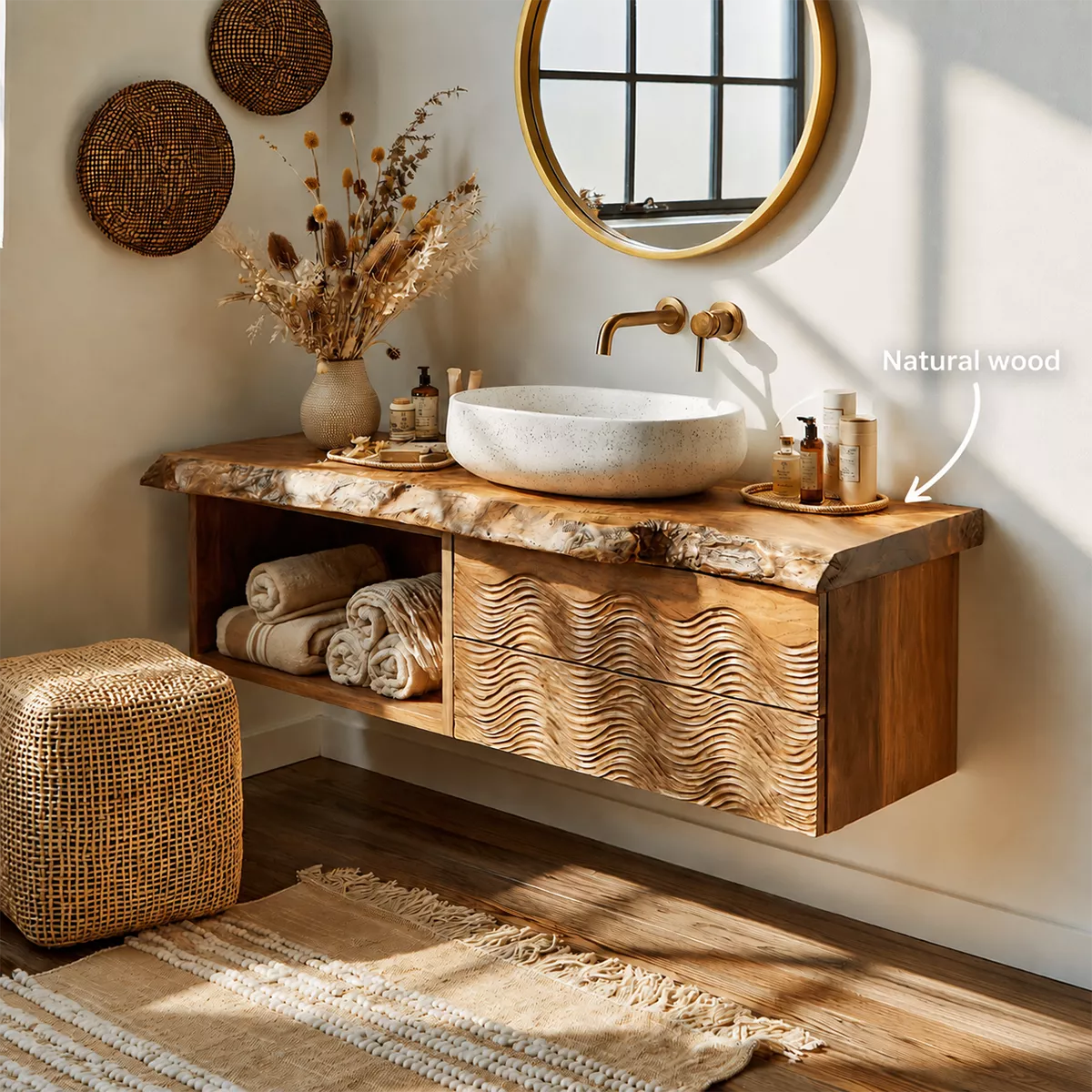 Natural Solid Wood Bathroom Vanity with Sculptural Wave Drawers Traditional - Rustiracraft - 5
