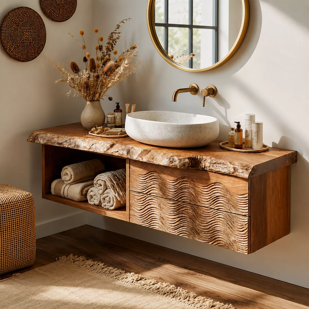 Natural Solid Wood Bathroom Vanity with Sculptural Wave Drawers Traditional - Rustiracraft - 7