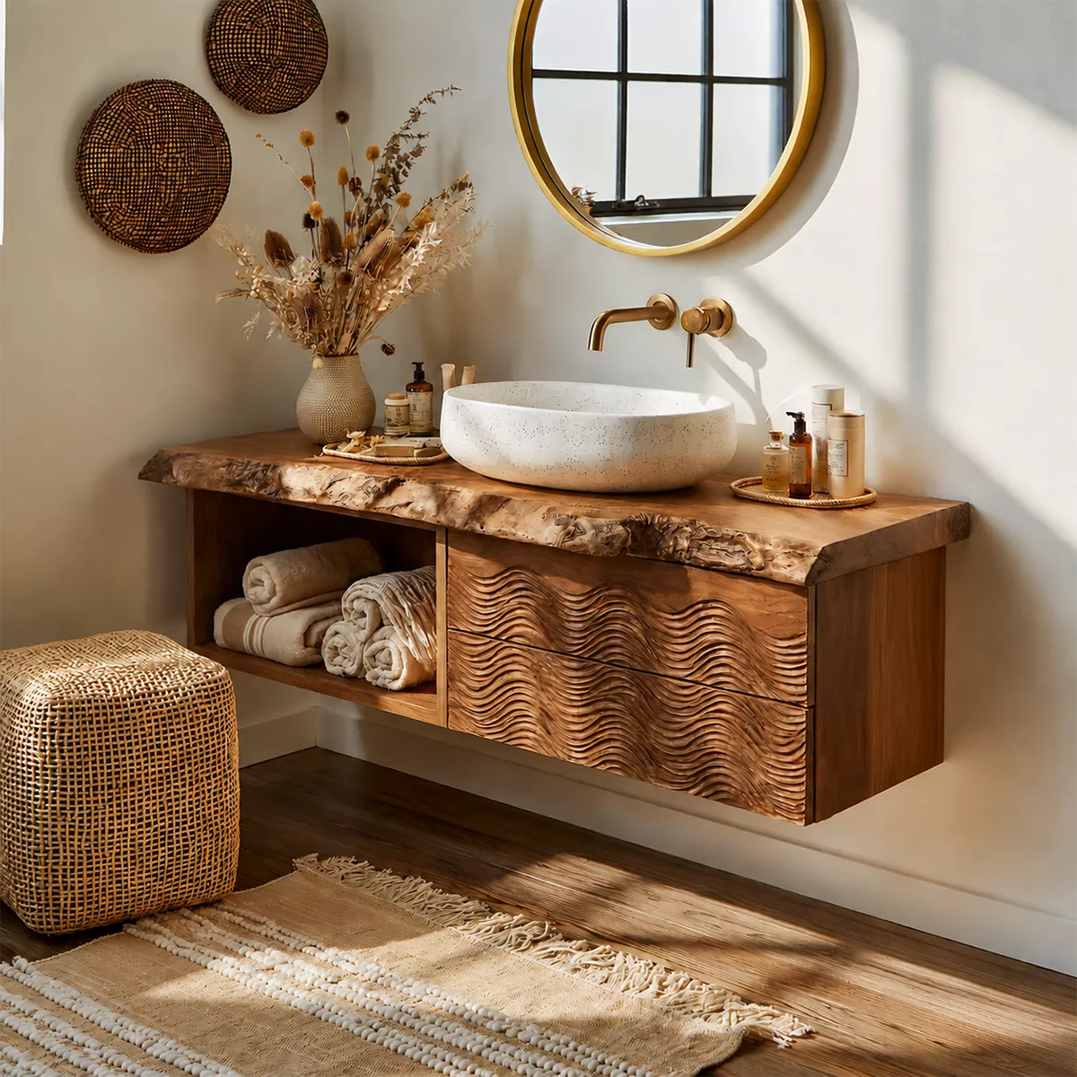 Natural Solid Wood Bathroom Vanity with Sculptural Wave Drawers Traditional - Rustiracraft - 8