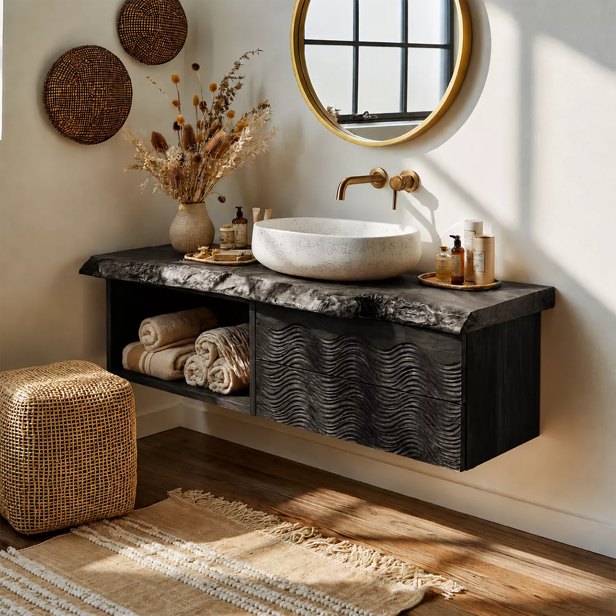 Natural Solid Wood Bathroom Vanity with Sculptural Wave Drawers Traditional - Rustiracraft - 9