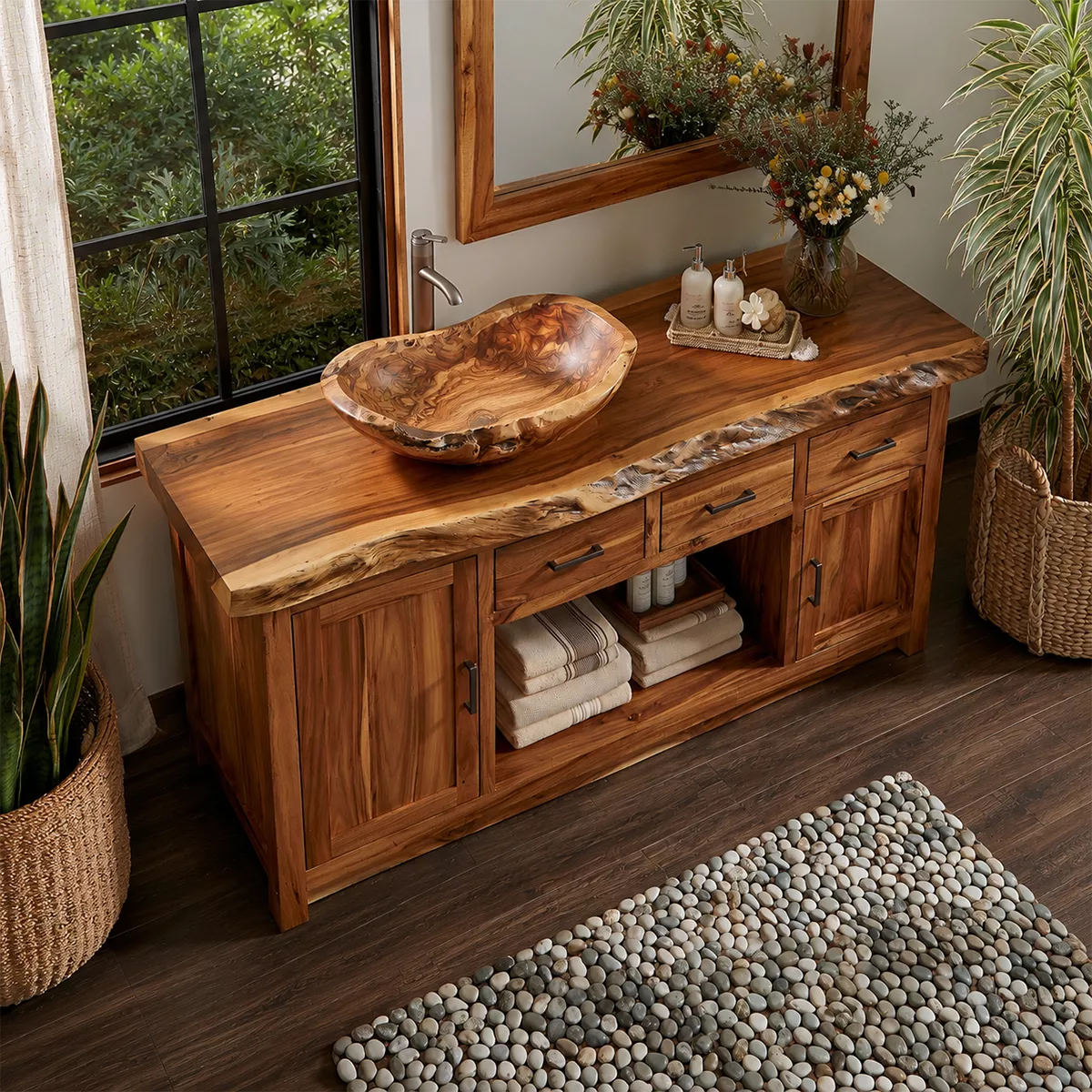 Natural Solid Wood Bathroom Vanity with Three Drawers Traditional - Rustiracraft - 2