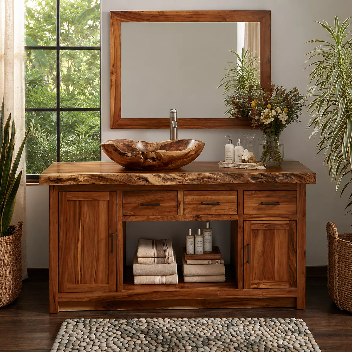 Natural Solid Wood Bathroom Vanity with Three Drawers Traditional - Rustiracraft - 3